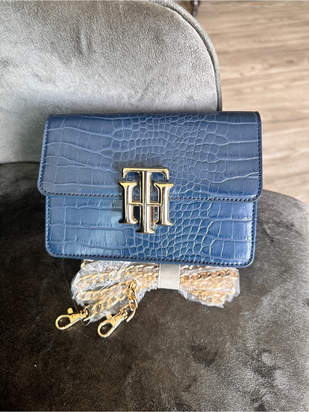 Tommy Hilfiger Navy Croc-Embossed Crossbody with Gold TH Logo